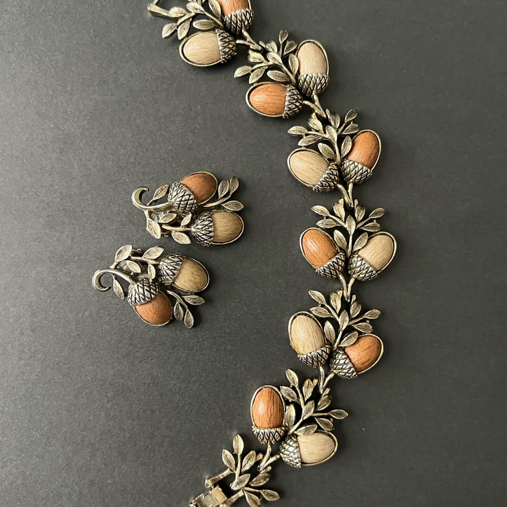 Coro Silver and Brown Acorn Bracelet and earrings Demi Parure Pat pend - Picture 2 of 5